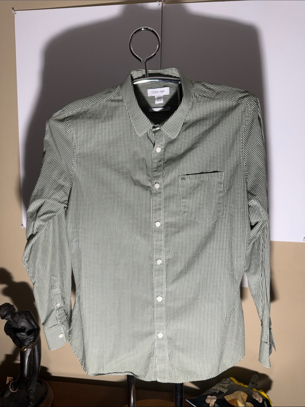Calvin Klein Men's Sage Green Micro-Check Button-Down Shirt